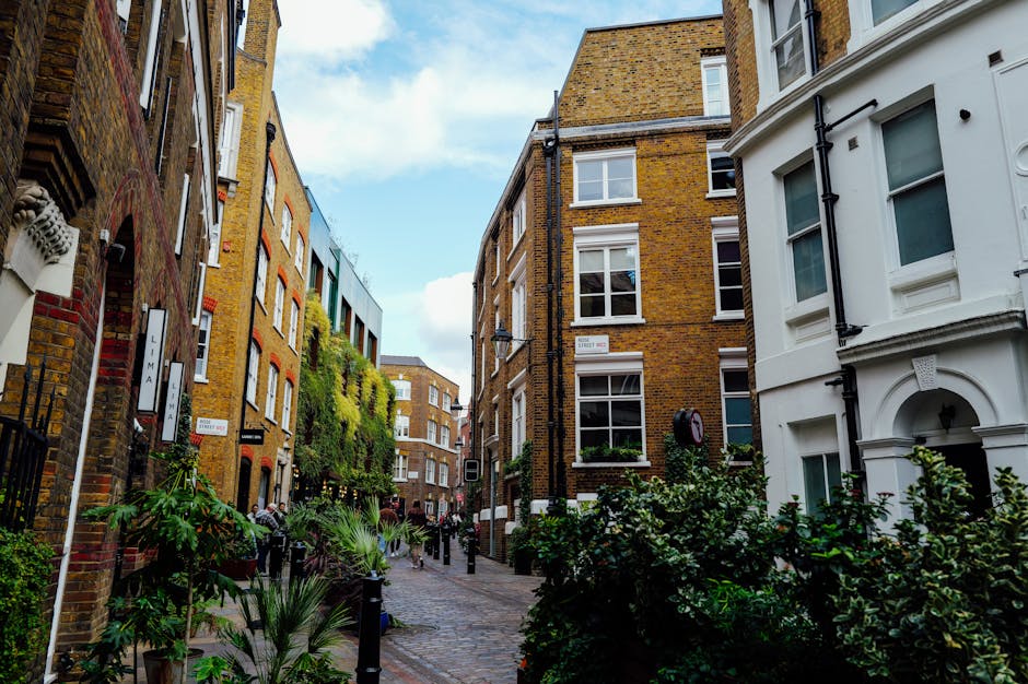 A cobblestone garden courtyard flanked by white residential buildings with black railings and large windows. The garden features neatly trimmed potted plants and small trees along the left side, with